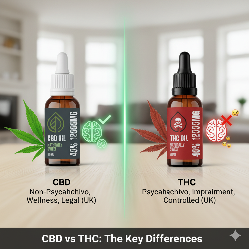 Two bottles of CBD and THC oil with labels and icons on a blurred indoor background.