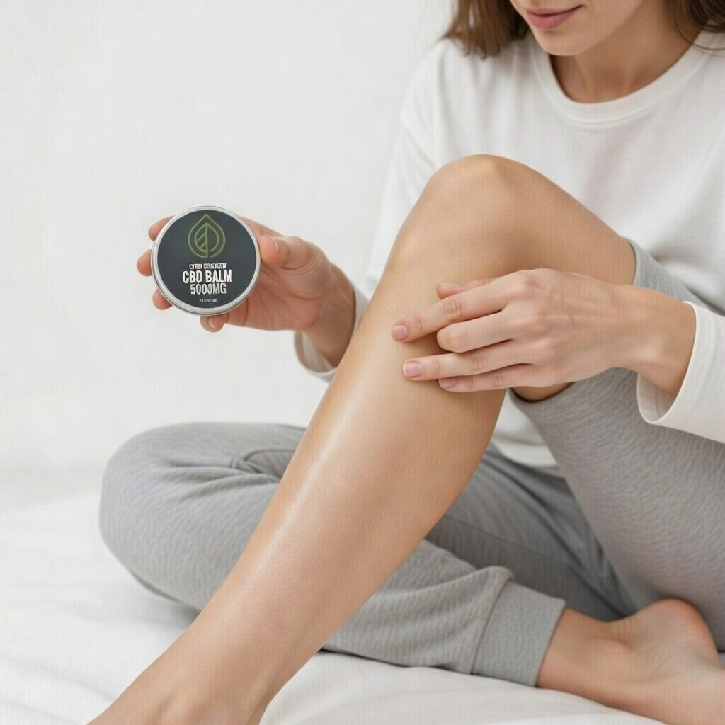 Person applying a CBD balm to their leg with a white background
