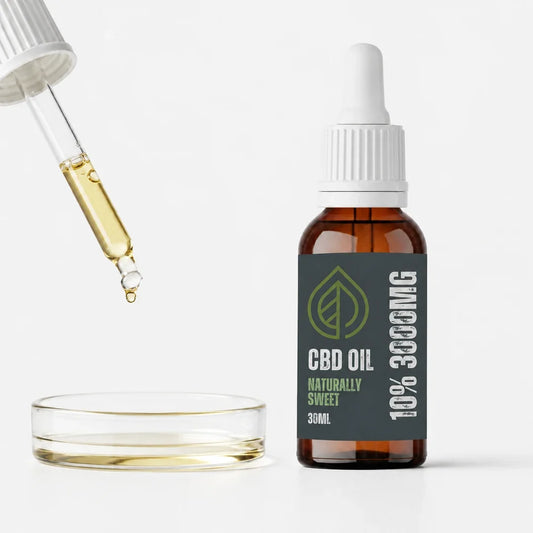 Valley CBD 10% CBD oil with pale golden oil shown in a glass pipette and dish