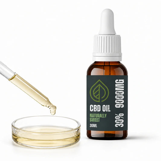 Valley CBD 30% CBD oil with pale golden oil shown in a glass pipette and dish