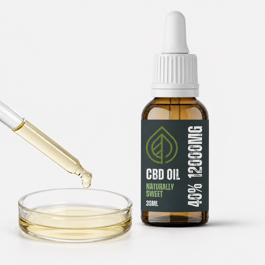 Valley CBD 40% CBD oil with pale golden oil shown in a glass pipette and dish