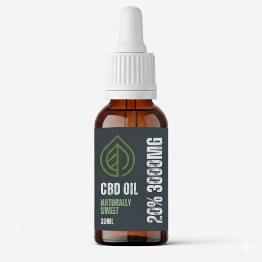 Dosage guide for 6000mg 20% CBD oil 30ml bottle showing dropper