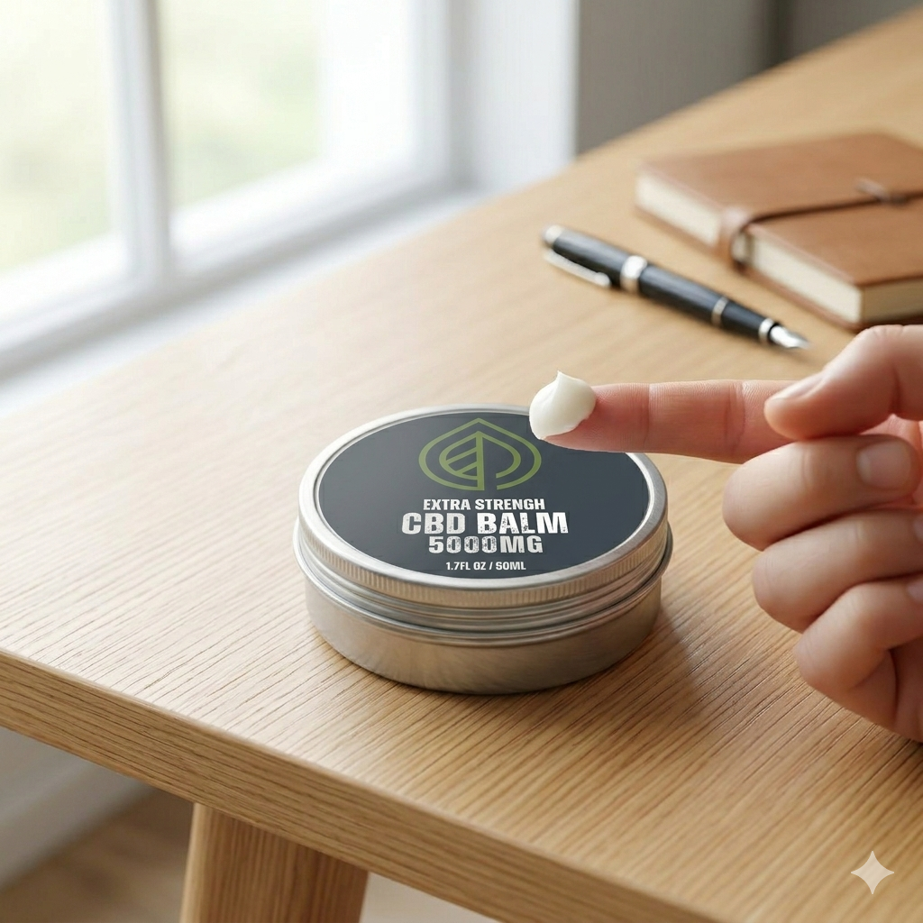 Close-up of a premium 5000mg CBD Balm tin and a finger holding a precise pea-sized dollop, illustrating the dosage guide for maximum potency and absorption in the UK.