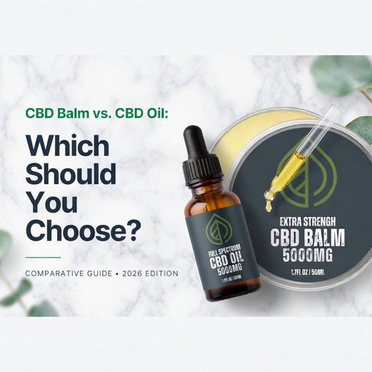 A side-by-side comparison of a 50ml amber glass jar of natural CBD muscle balm and a bottle of high strength CBD oil with a dropper.