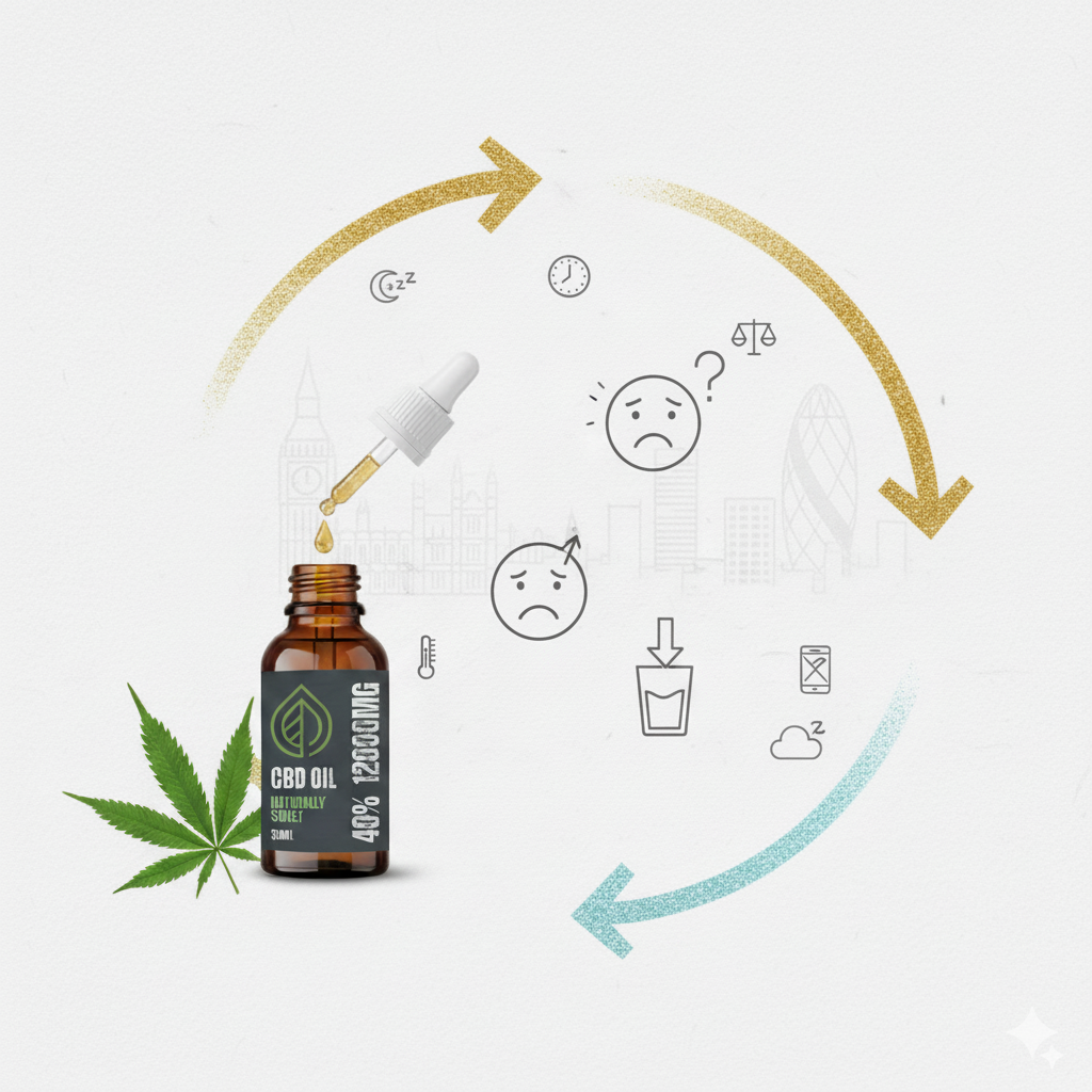 CBD oil pictured with an article about side effects and UK safety guidance
