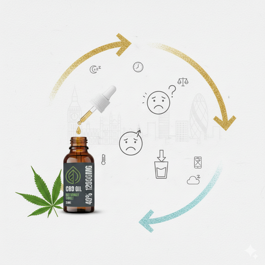 CBD oil pictured with an article about side effects and UK safety guidance