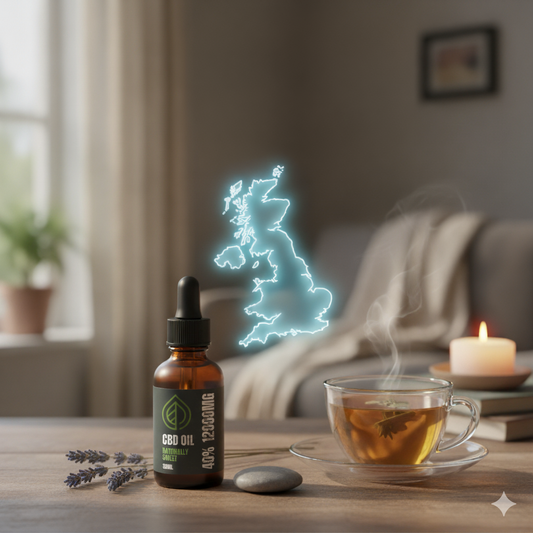 CBD oil for anxiety in the UK, with tea and lavender for calm.