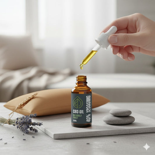A hand holding a CBD oil dropper above a bottle, with lavender and smooth stones, symbolizing natural pain relief and calm.