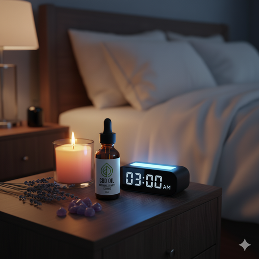 "CBD oil bottle for sleep on a bedside table with a glowing alarm clock and lavender, promoting restful nights in the UK.