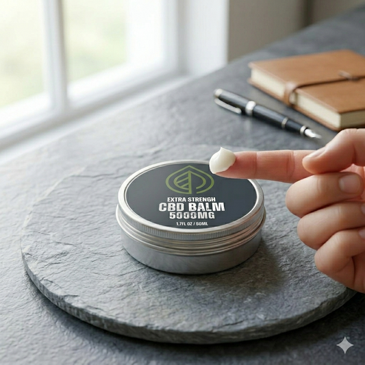 Close-up of a high-strength 5000mg CBD Balm tin and a finger holding a pea-sized dollop, resting on a natural grey slate surface to visualize pure cannabinoid isolate for effective muscle recovery in the UK.