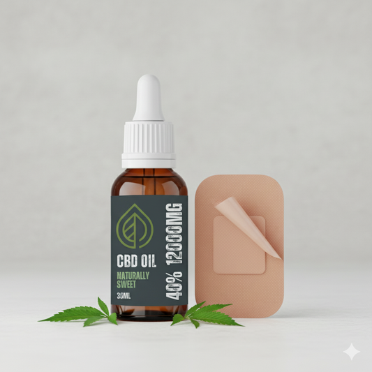 Valley CBD 40% 12000mg High Strength CBD Oil bottle next to a CBD transdermal patch for comparison.