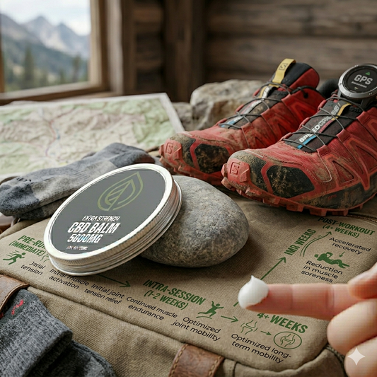 Close-up of a 5000mg CBD Balm tin and a detailed application guide card, resting on a rocky trail with running shoes and a GPS watch, for athletic muscle recovery and joint support in the U
