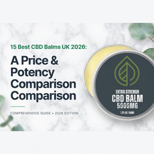 Comparison chart of 15 UK CBD balms by price per 100mg of CBD, showing Valley CBD as the most cost-effective option at 74 pence per 100mg.