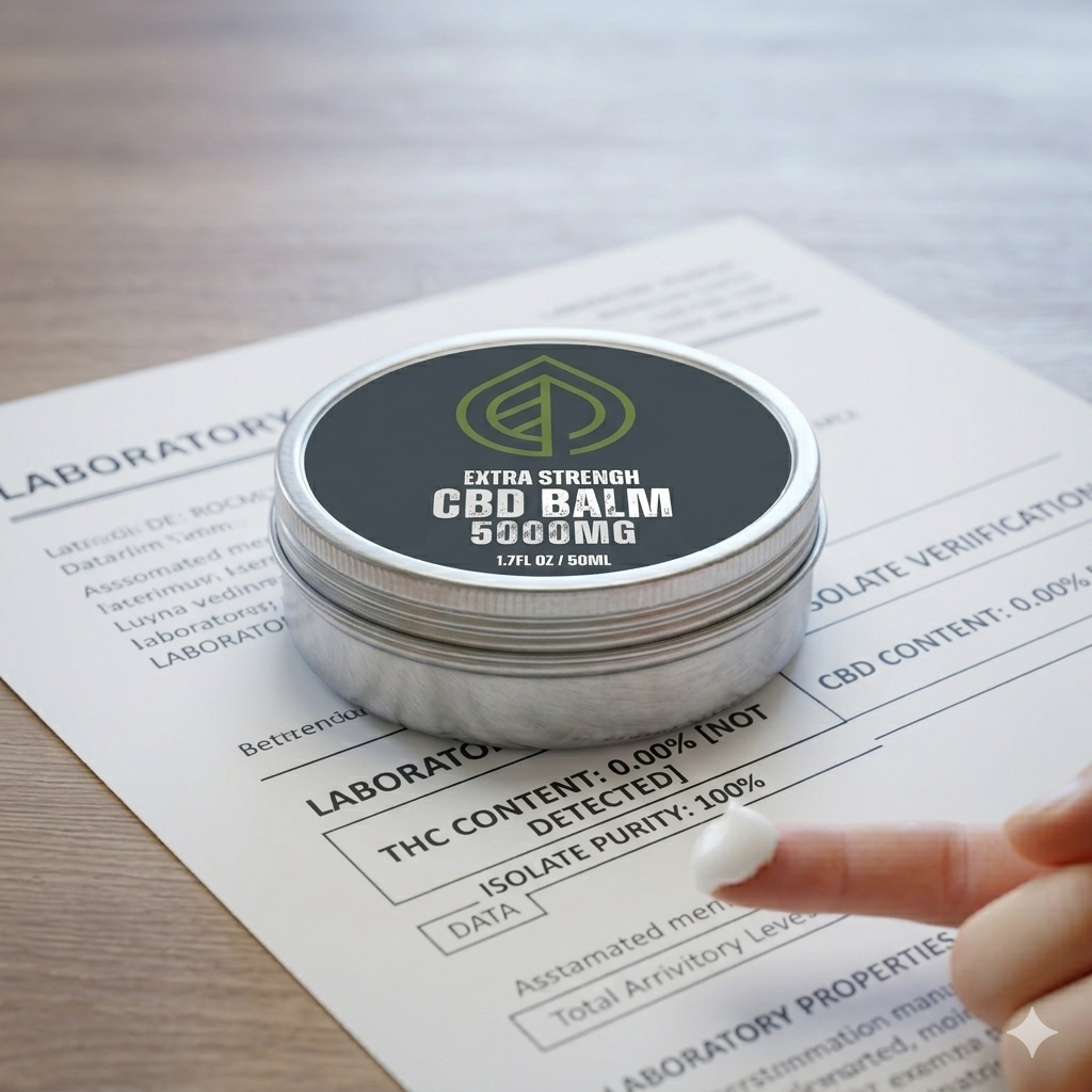 A closed tin of extra strength 5000mg CBD balm resting on a laboratory analysis report verifying zero percent THC content and pure isolate safety.