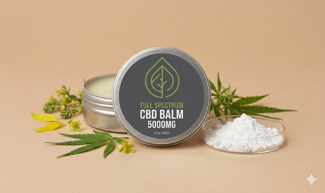 Close-up comparison of an open tin of 5000mg Full Spectrum CBD Balm next to a petri dish of pure white CBD Isolate powder, visualized for educational product specification.