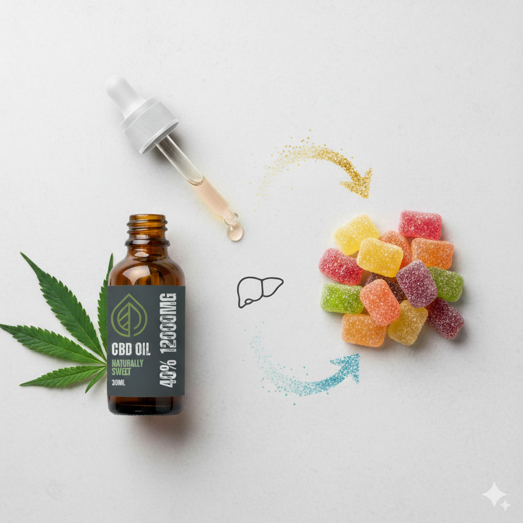 Valley CBD 40% 12000mg high strength CBD oil bottle and dropper compared to colorful CBD gummies, illustrating superior sublingual absorption vs. liver metabolism.