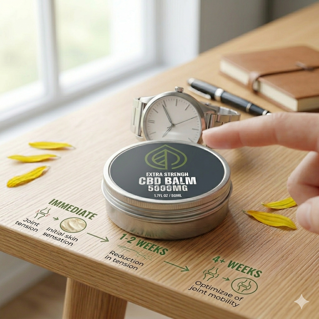 A closed tin of extra strength 5000mg CBD balm on a wooden table next to a silver wristwatch and a clear recovery timeline diagram showing immediate, 1-2 weeks, and 4+ weeks results.