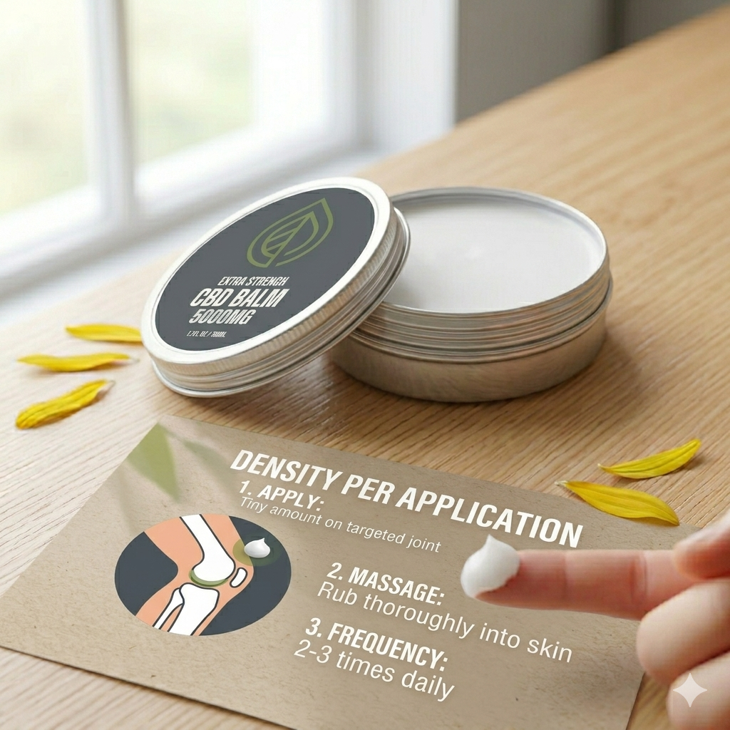 An open tin of 5000mg CBD balm next to a step-by-step application card explaining density per application, massage techniques, and daily frequency for joint recovery.