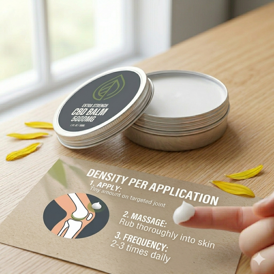 An open tin of 5000mg CBD balm next to a step-by-step application card explaining density per application, massage techniques, and daily frequency for joint recovery.