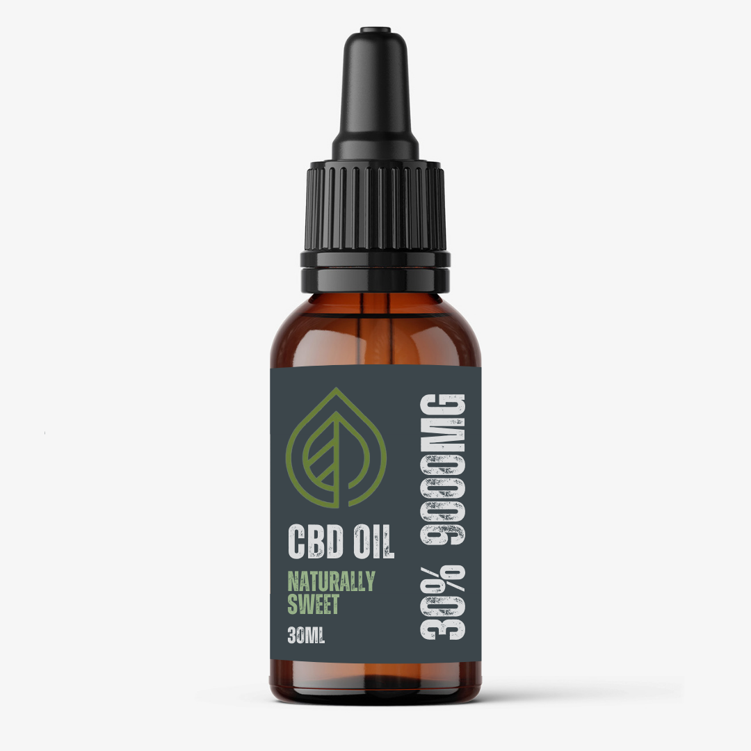 A bottle of CBD oil labeled 30% CBD oil, naturally sweet, with a volume of 30ml.