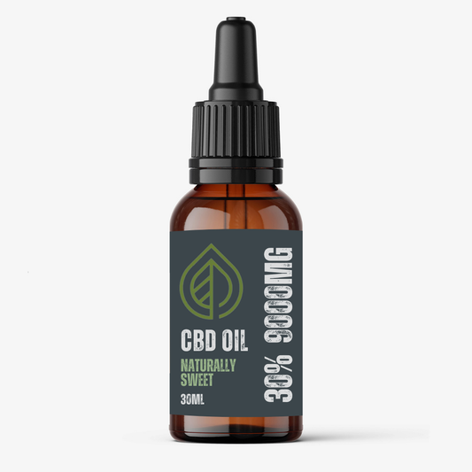 A bottle of CBD oil labeled 30% CBD oil, naturally sweet, with a volume of 30ml.