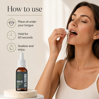 How to use Valley CBD 10% CBD oil with pipette under the tongue and 60-second hold guidance