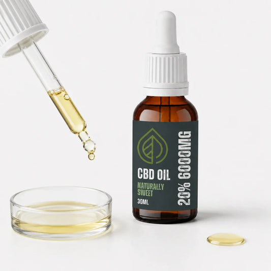 Valley CBD 20% CBD oil with pale golden oil shown in a glass pipette and dish