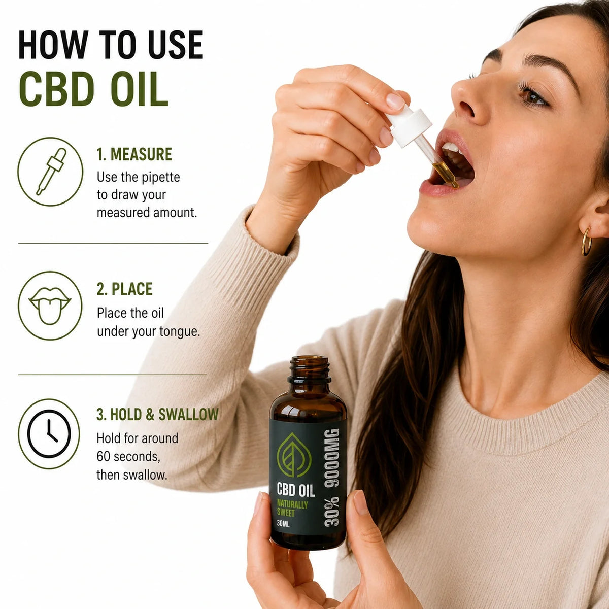 How to use Valley CBD 30% CBD oil with pipette under the tongue and 60-second hold guidance