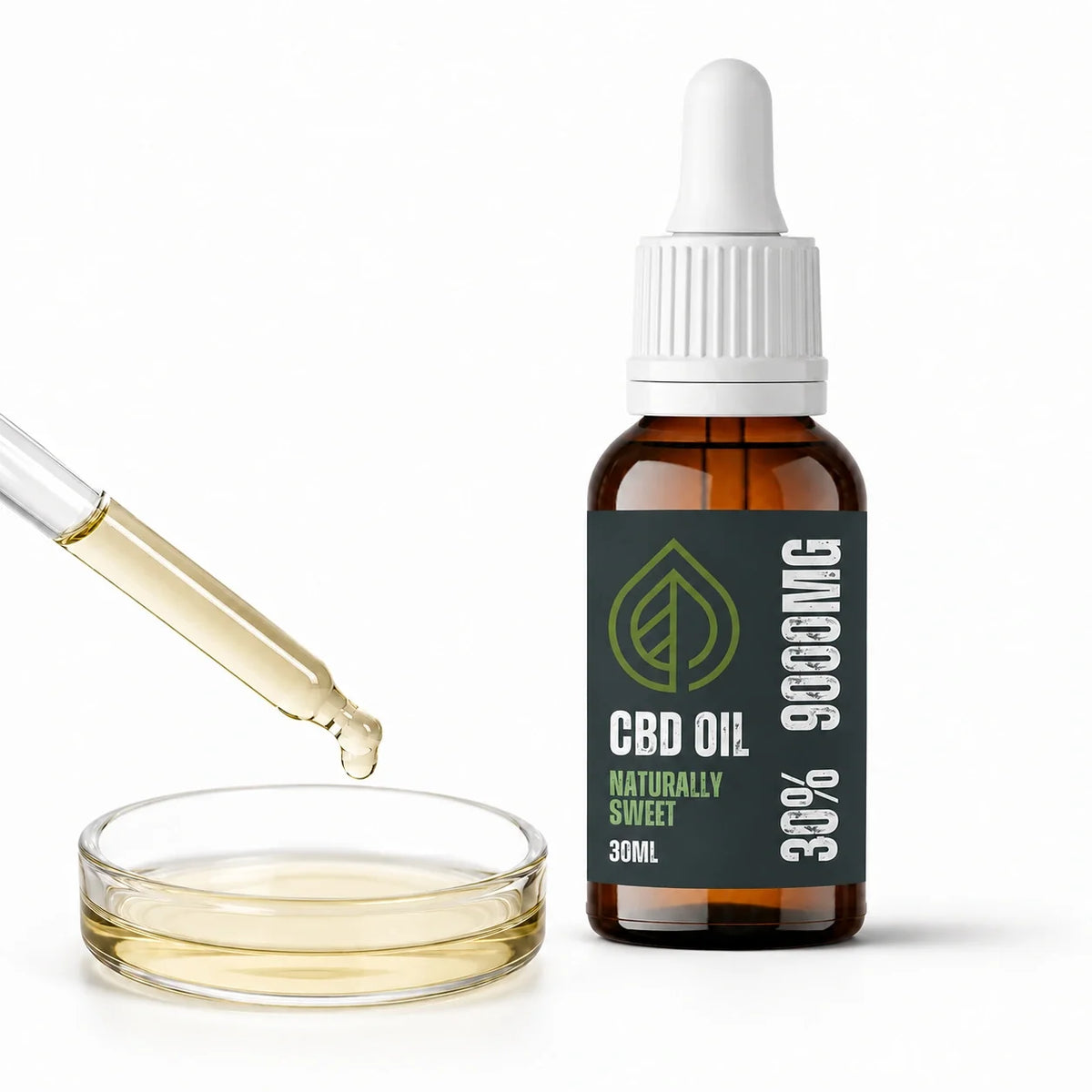 Valley CBD 30% CBD oil with pale golden oil shown in a glass pipette and dish