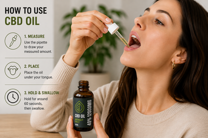 How to use Valley CBD 40% CBD oil with pipette under the tongue and 60-second hold guidance